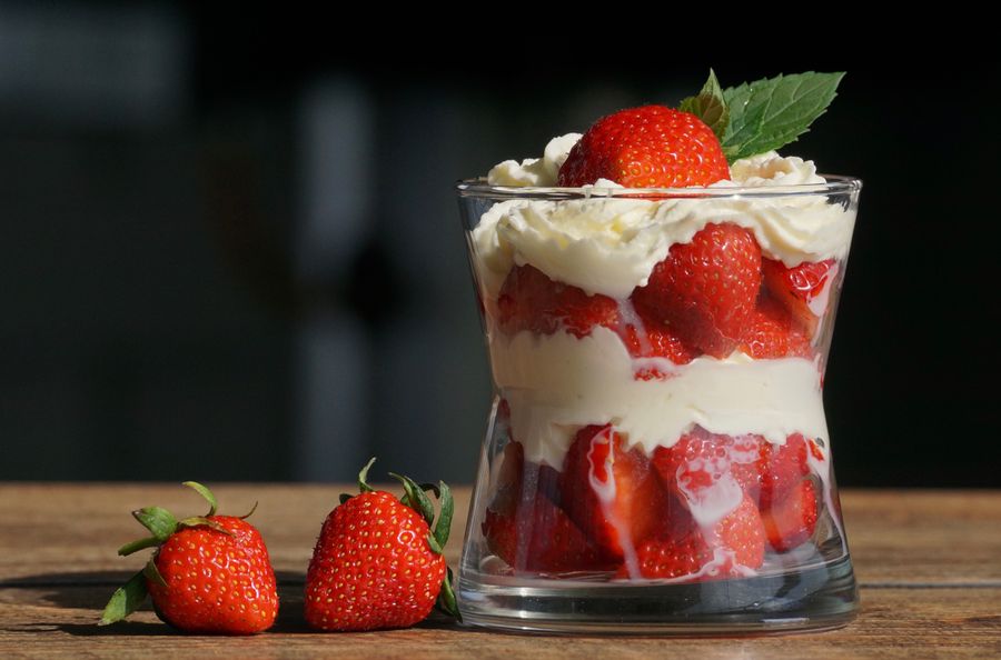 Overtime shake layered with strawberries and cream